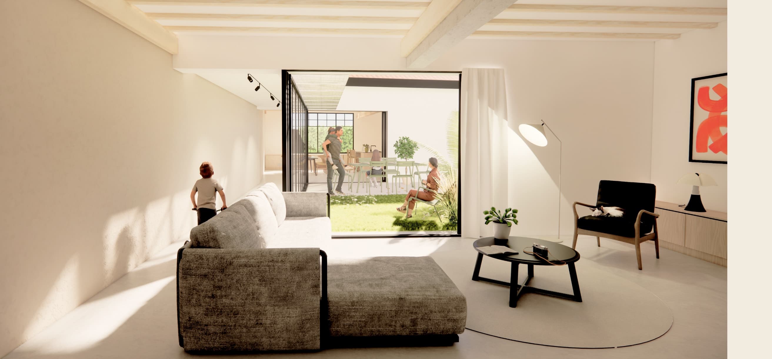 Loft N°04 — séjour spacieux ouvrant sur jardin et piscine privative.