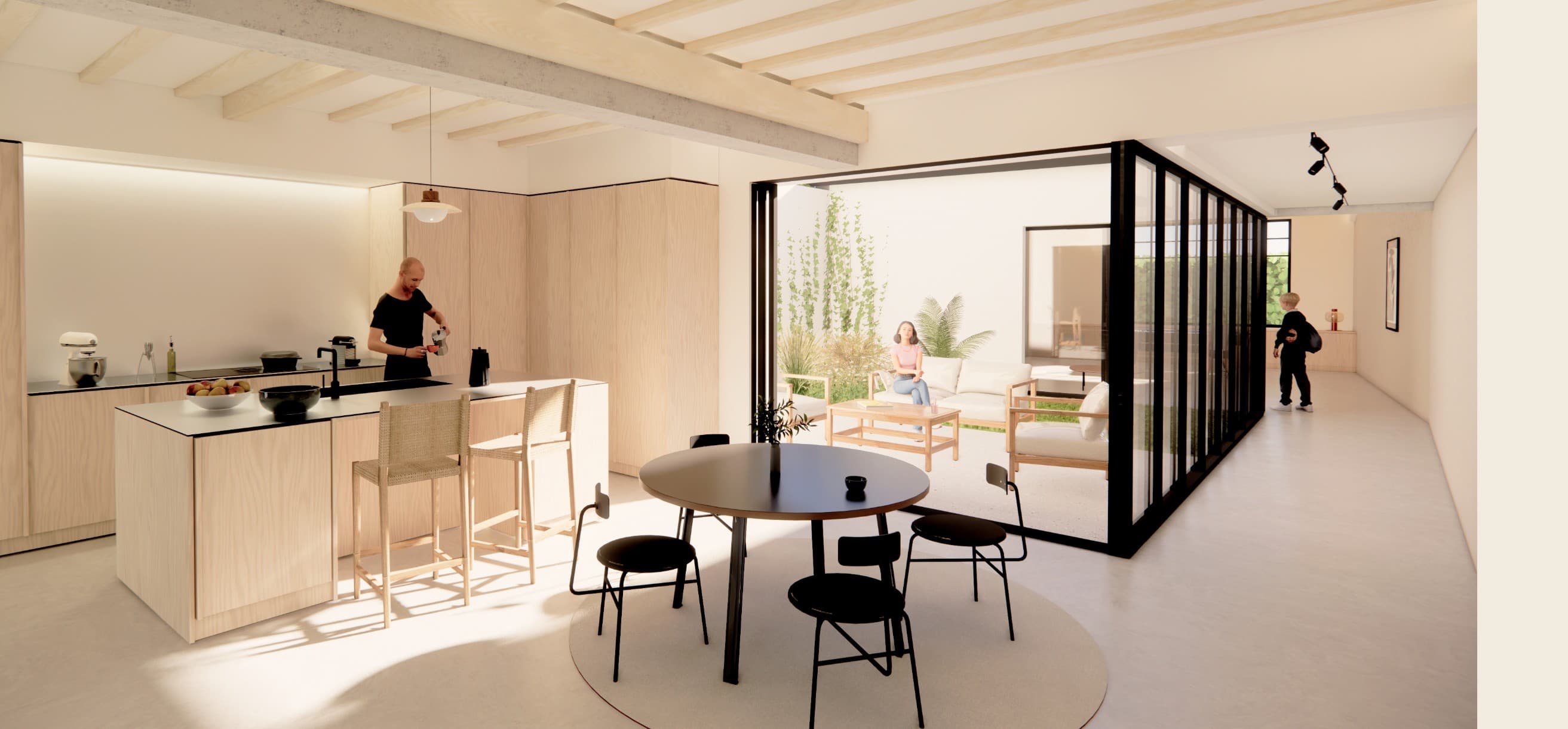 Loft N°01 — vue d'ensemble du séjour traversant.