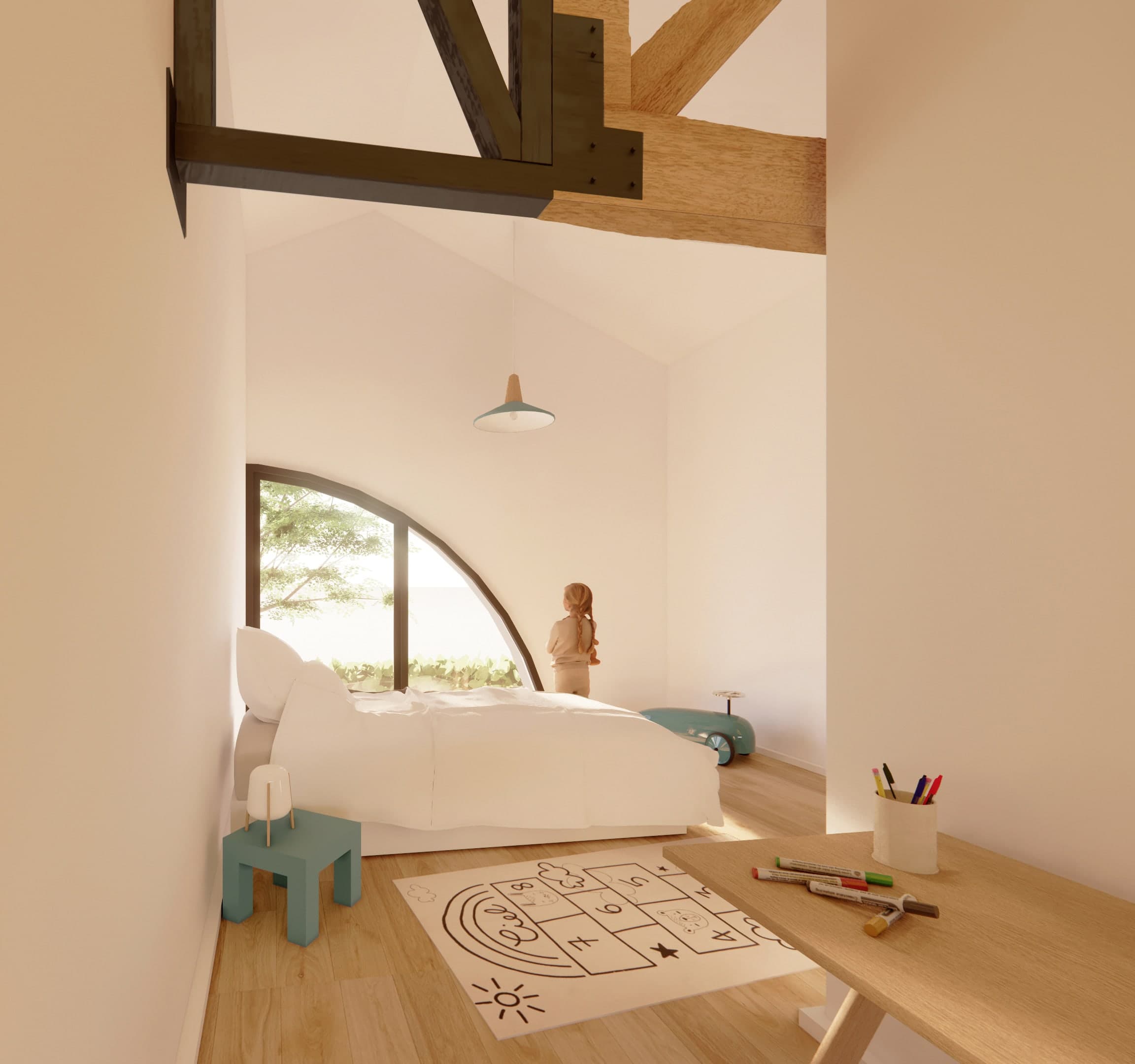 Loft N°01 — chambre d'enfant sous l'arche, fenêtre cintrée et charpente apparente.