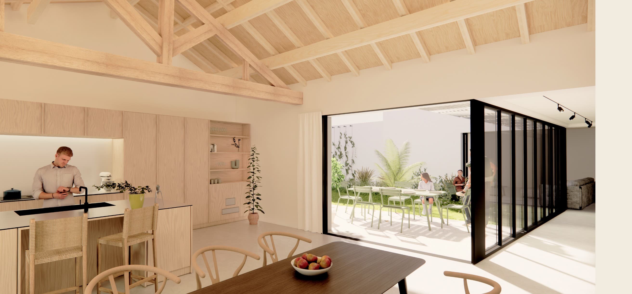 Loft N°02 — vue d'ensemble, cuisine et salle à manger.