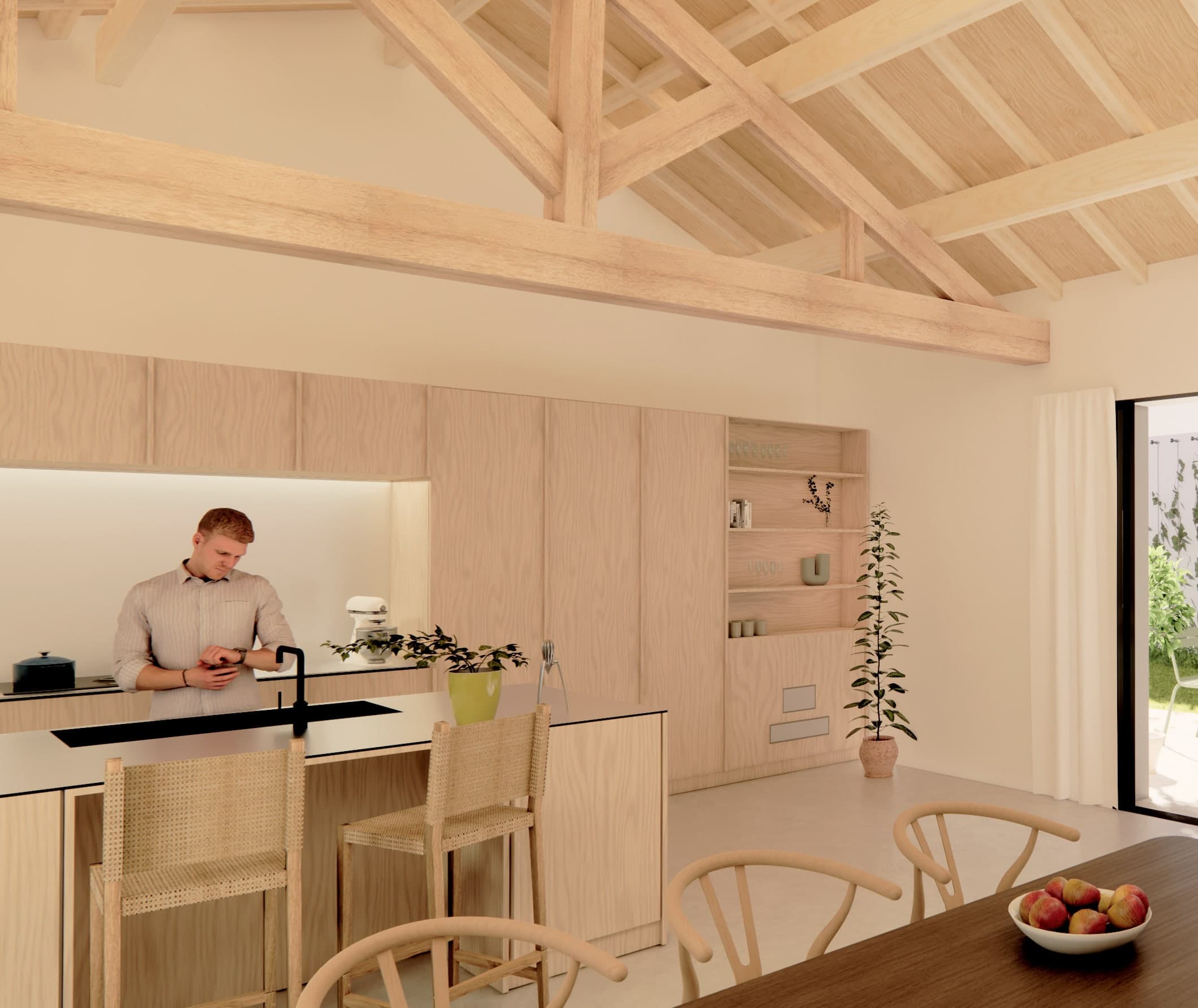Loft N°02 — détail cuisine sous charpente.