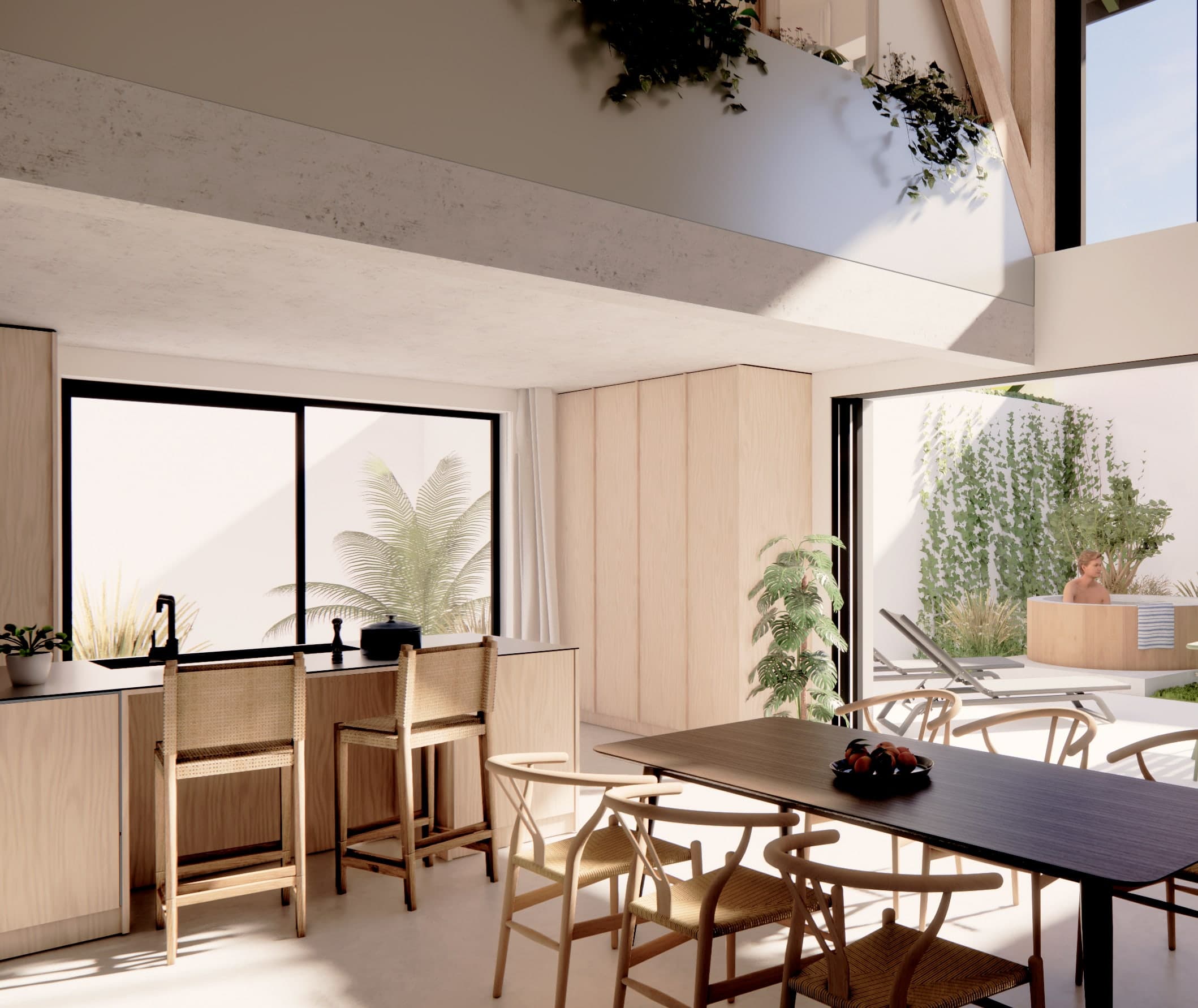 Loft N°03 — détail cuisine, double hauteur.
