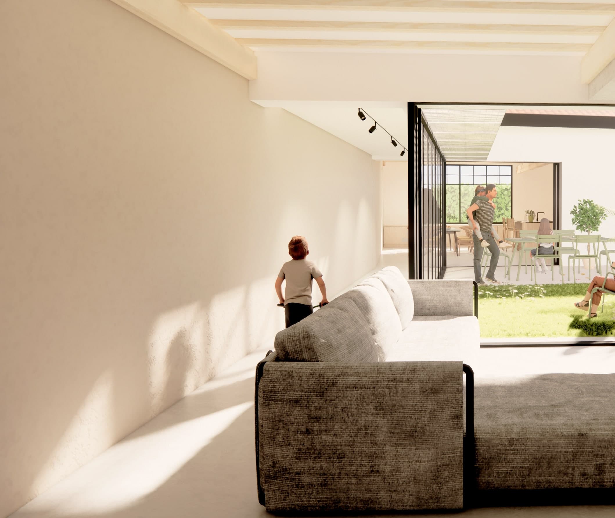 Loft N°04 — détail séjour, banquette et lecture.
