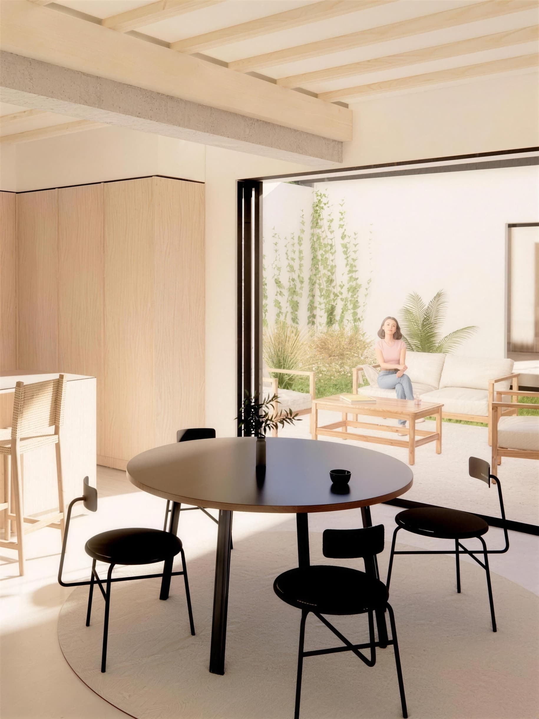 Intérieur fini d'un loft Larrepunte — séjour traversant en bois clair, lumière douce par les grandes baies.